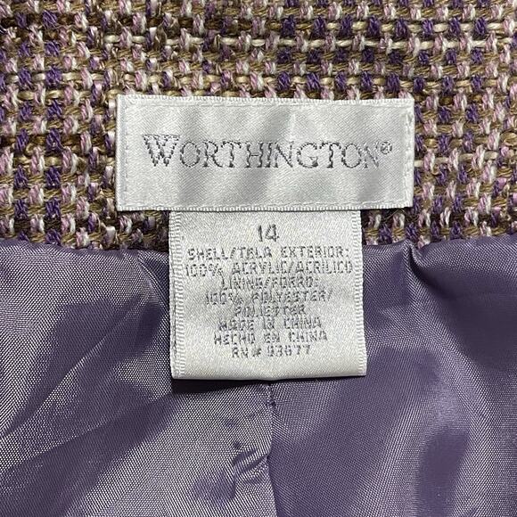 Worthington Plaid Tweed Cropped Blazer Size 14 Purple Beige Pockets Office Fall - Picture 9 of 11